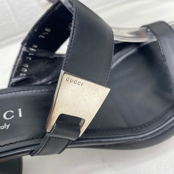 Gucci Black Leather Double Strap Block Heel Slides Sandals women’s size 7.5 - Picture 5 of 12